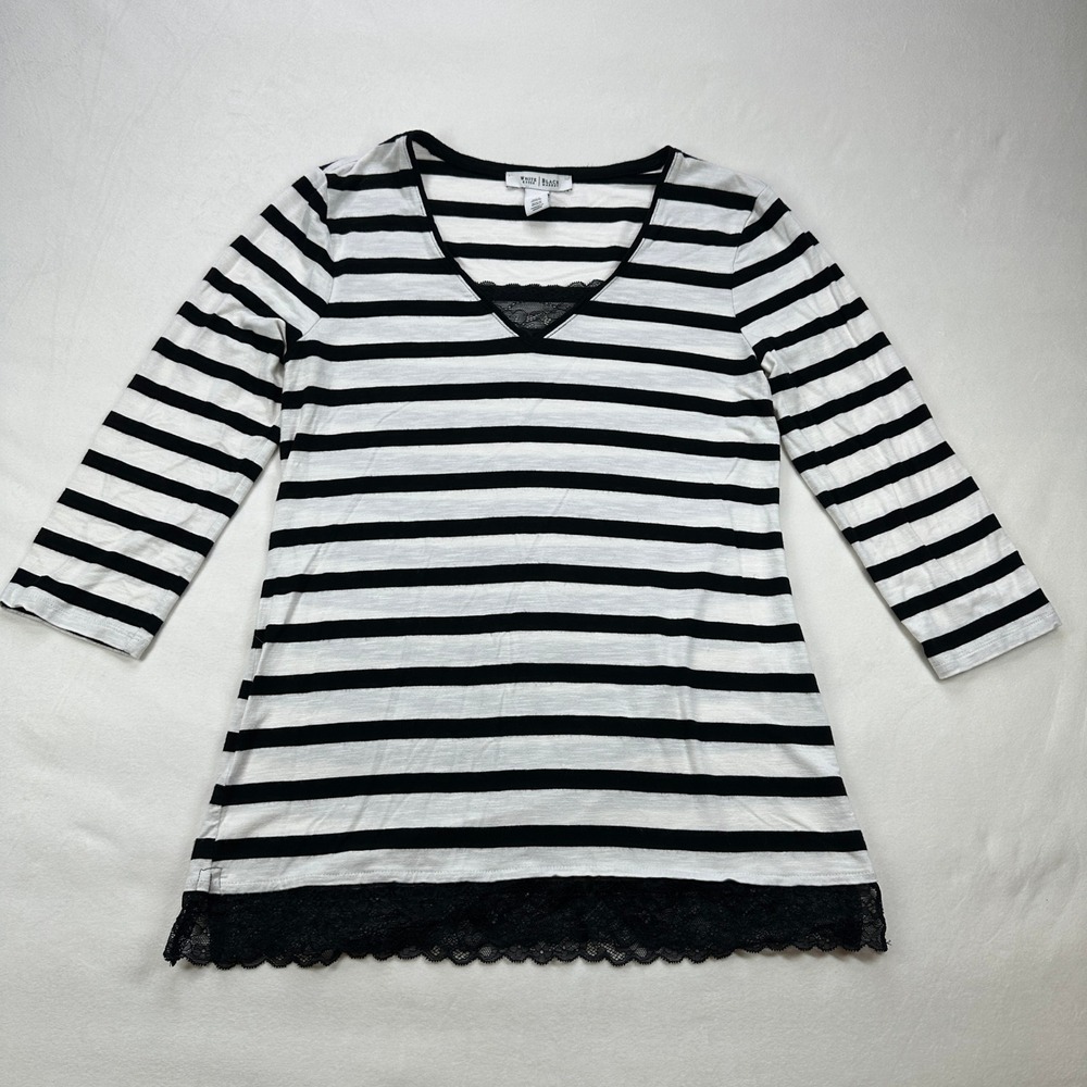White House Black Market‎ Striped Lace Trim 3/4 Sleeve V Neck Top
